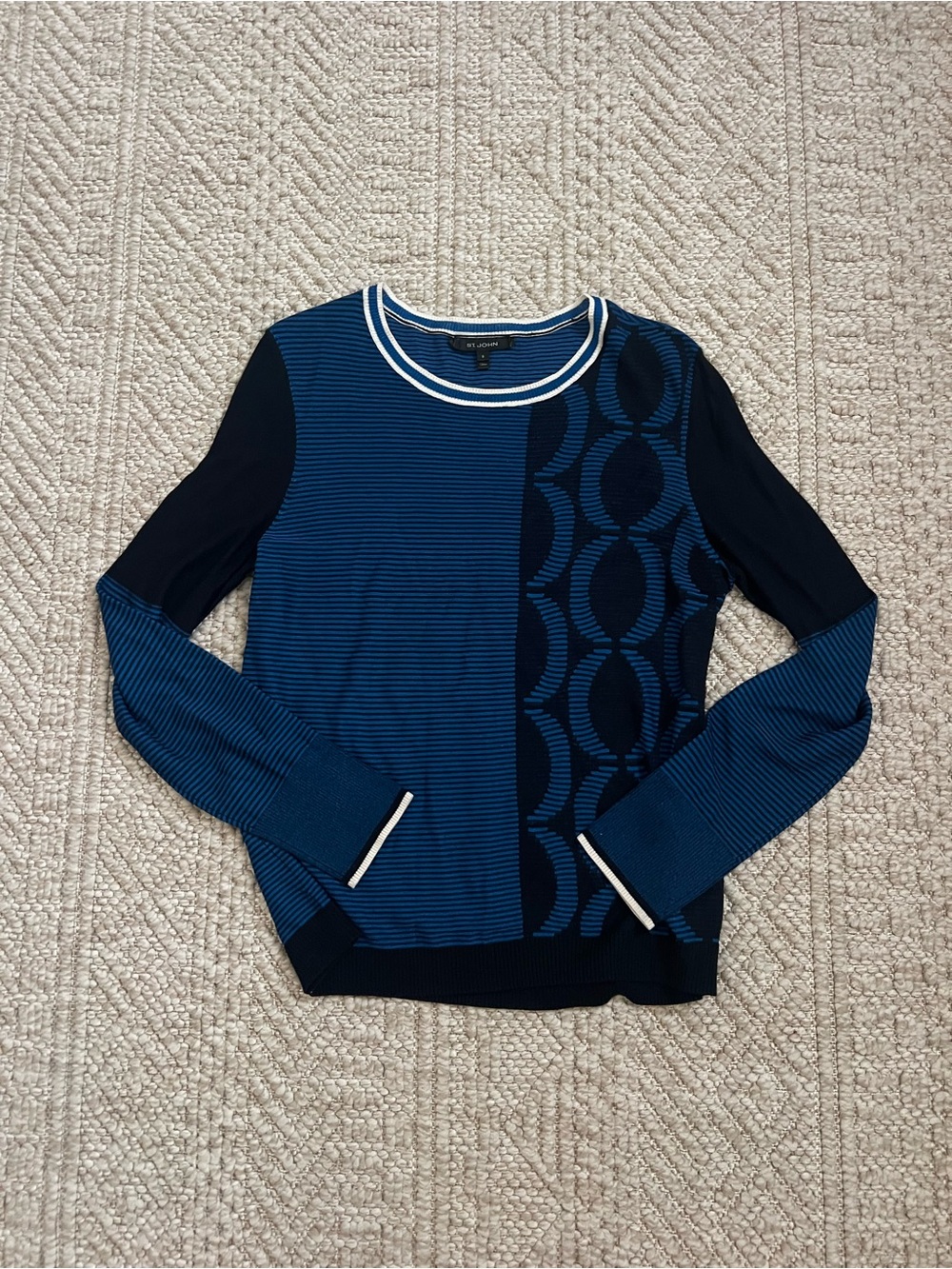 St. John Navy Blue Striped Colorblock Knit Sweater